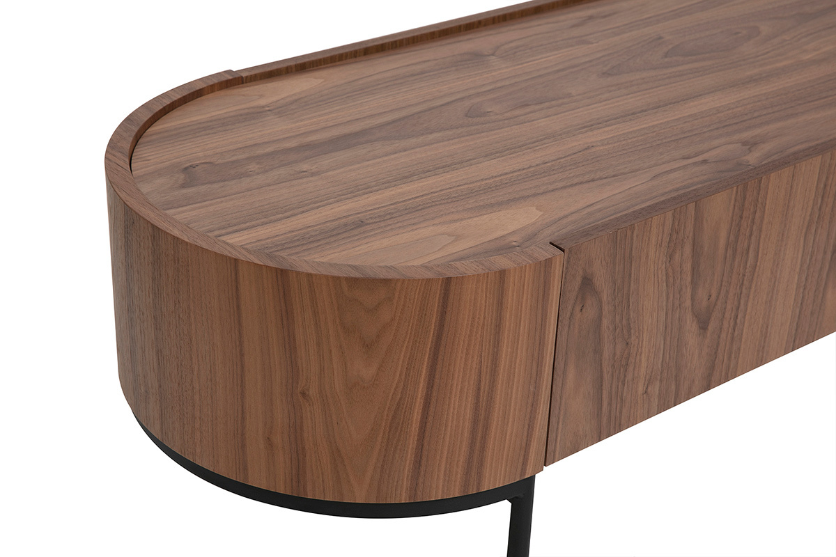 Tavolino da caff� di design in legno noce scuro e metallo nero, vista a tre quarti, con cassetto contenitore