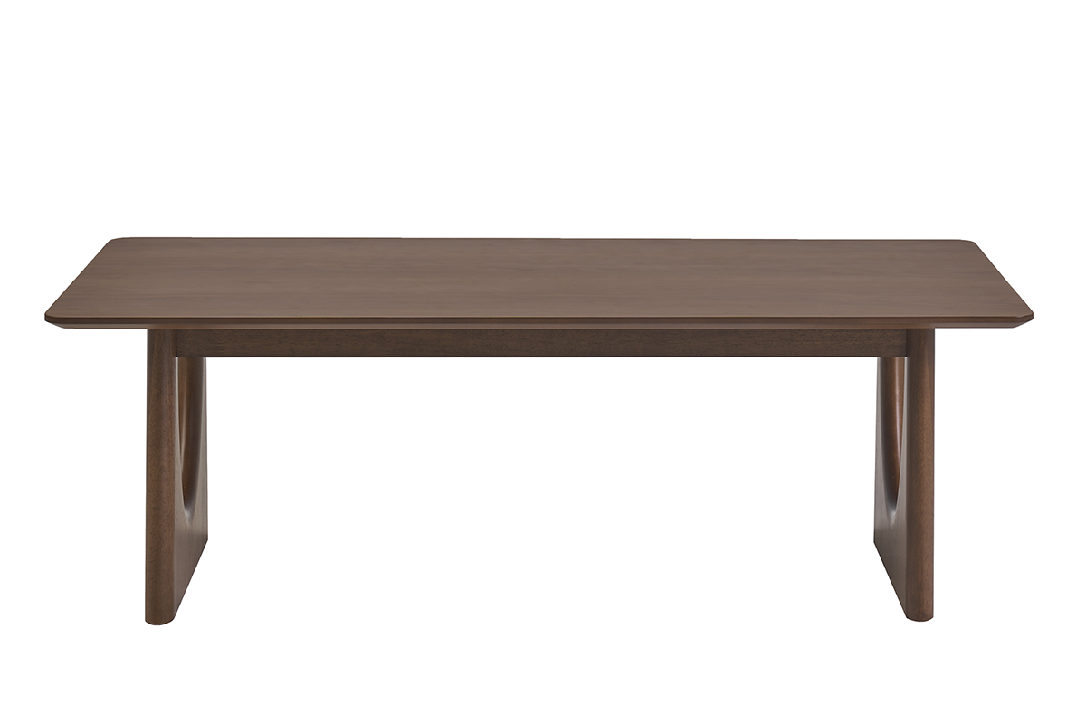 Tavolino rettangolare in legno di noce scuro, vista frontale, dimensioni L120 cm.