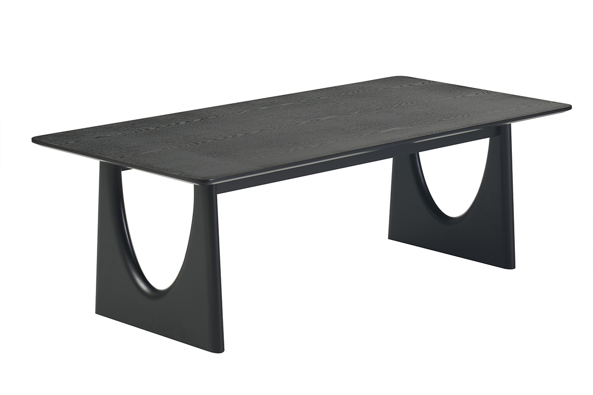 Tavolino da caff� di design rettangolare nero da 120 cm con gambe in legno, vista a 3/4.