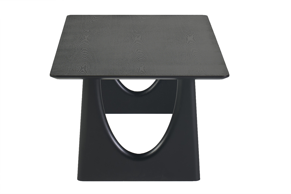 Tavolino da caff� di design rettangolare nero visto di profilo, dimensioni L120 cm, con base unica in legno.