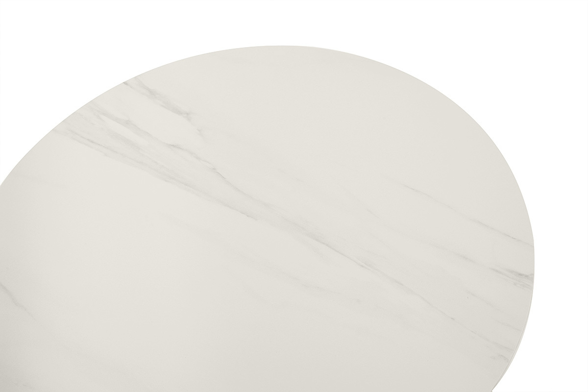 Tavolino basso rotondo in ceramica bianca, vista dall'alto.
