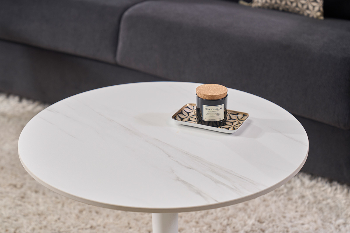 Tavolino basso design rotondo in ceramica bianca e metallo D60 cm MALOU