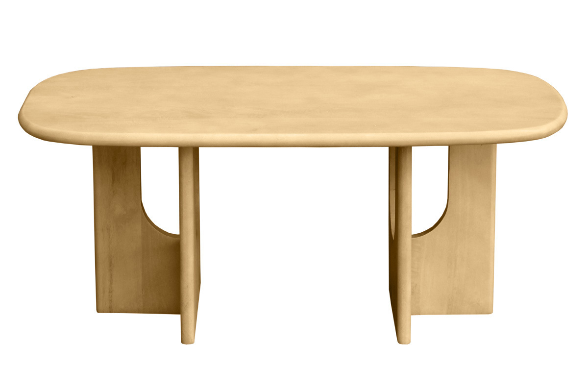 Tavolino basso di design in legno di mango massiccio, forma rettangolare con bordi arrotondati, vista frontale.