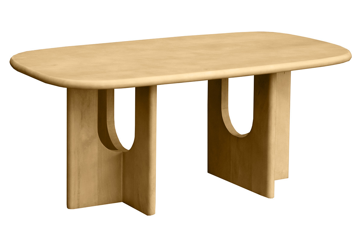 Tavolino da salotto di design in legno chiaro di mango massiccio, forma rettangolare con bordi arrotondati, vista a 3/4.