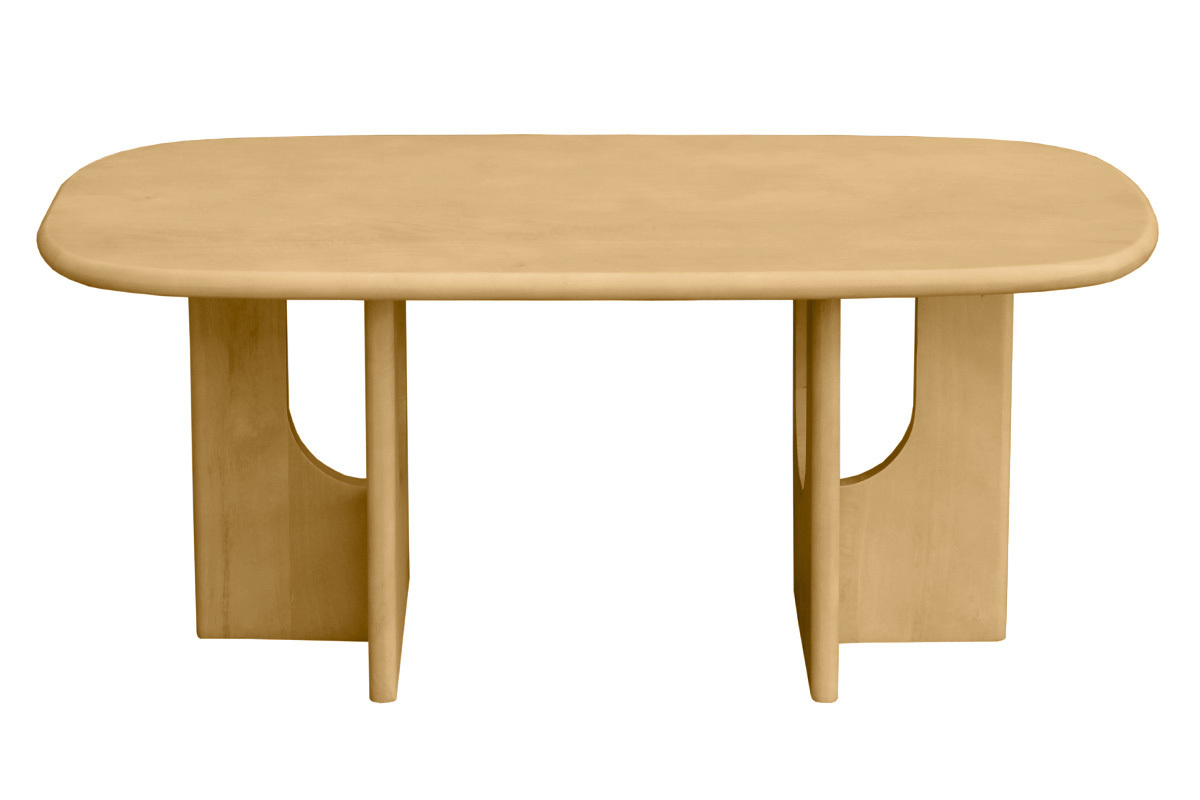 Tavolino da caff� di design in legno chiaro di mango massiccio, forma rettangolare con bordi arrotondati.