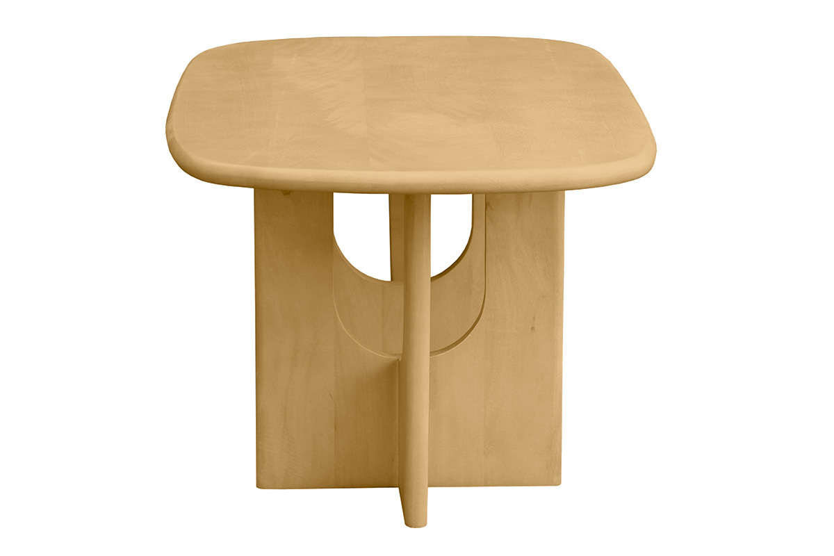 Tavolino da caff� di design in legno chiaro di mango massiccio, vista di profilo, forma rettangolare con bordi arrotondati