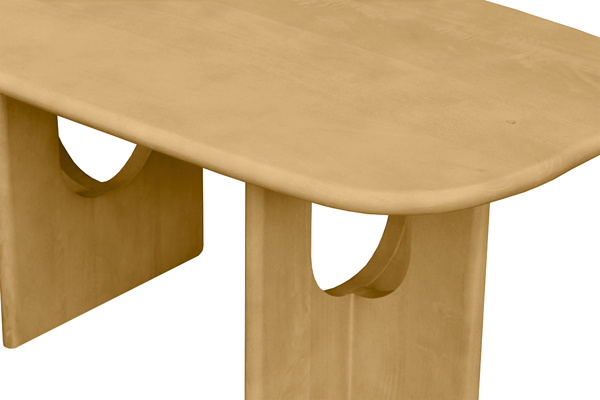 Tavolino da caff� di design in mango massello, vista ravvicinata del piano e delle gambe, bordi arrotondati.