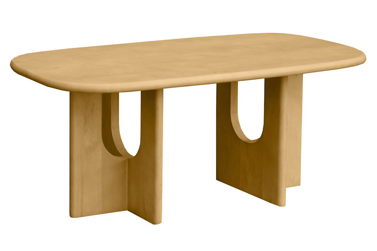 Tavolino da caff� di design in legno massello di mango, forma rettangolare con bordi arrotondati, vista a 3/4.