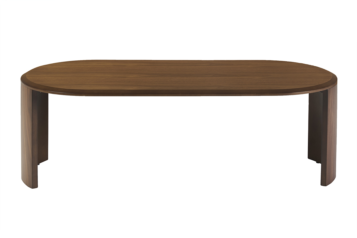 Tavolino ovale in legno scuro noce, vista frontale, dimensioni L120 cm.