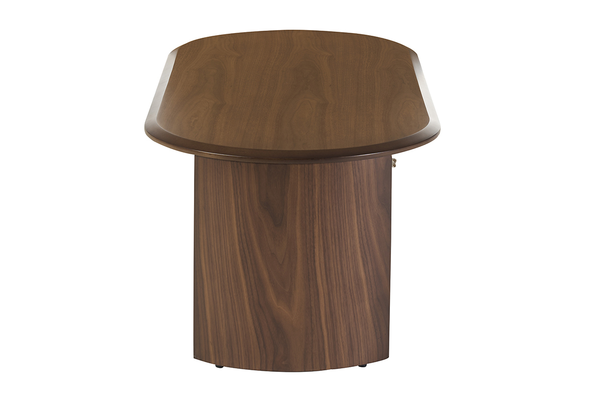 Tavolino da caff� di design ovale in legno di noce scuro, vista laterale.