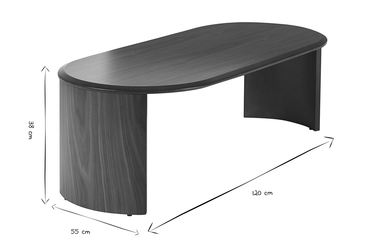 Dimensioni del tavolino ovale in legno scuro, L120 x P55 x H38 cm in bianco e nero