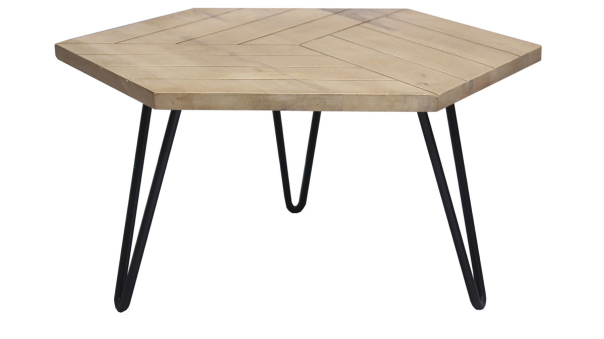 Tavolino basso esagonale inciso in mango e metallo nero VIBES