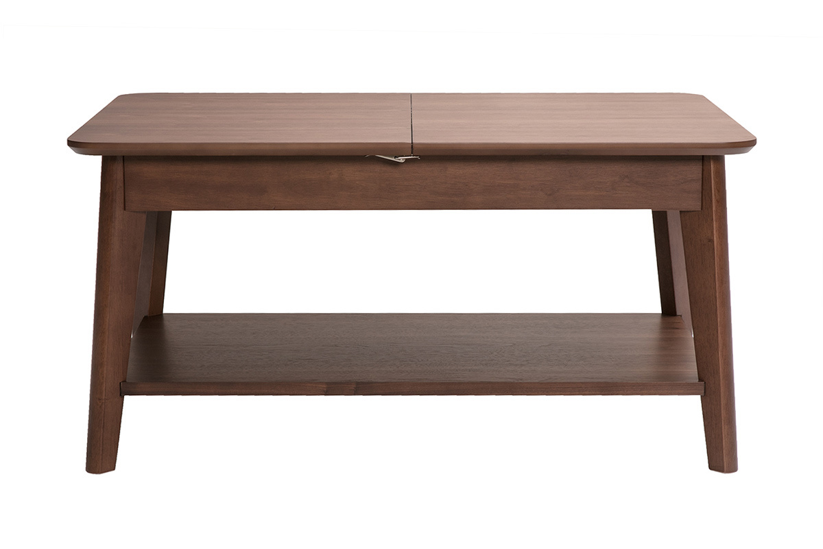 Tavolino basso rettangolare estensibile in legno scuro, vista frontale, dimensioni L90-120 cm.