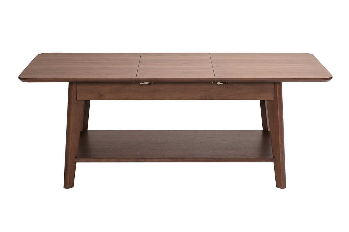 Tavolino da caff� rettangolare estensibile in legno scuro, vista frontale, dimensioni L90-120 cm.