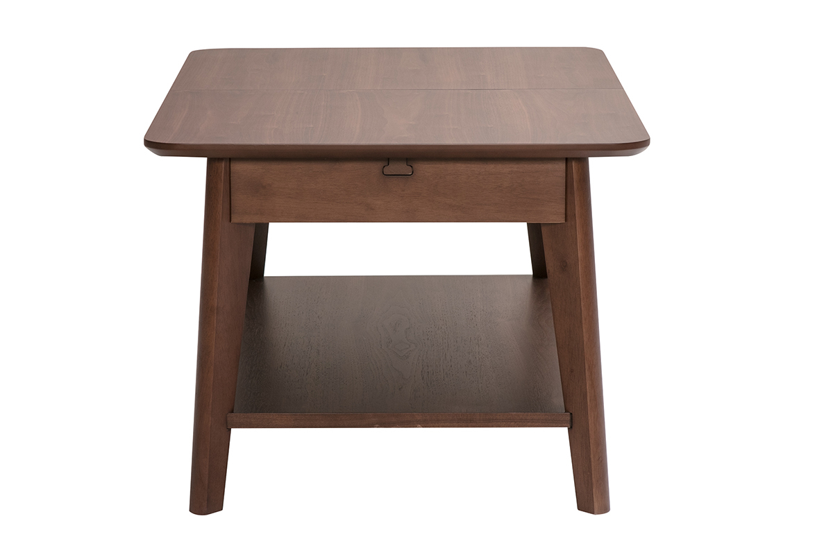 Tavolino basso rettangolare estensibile in legno scuro, vista di profilo, con cassetto e ripiano sottostante.