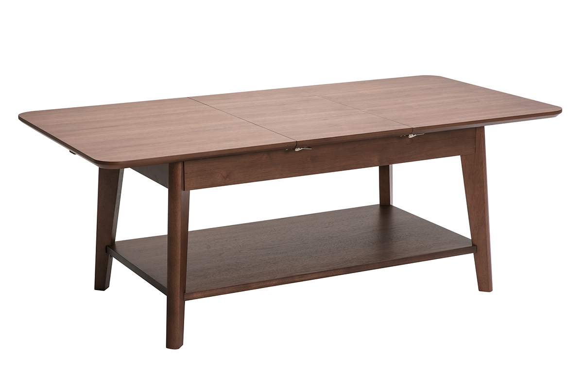 Tavolino basso rettangolare estensibile in legno scuro, vista a 3/4 con ripiano sottostante
