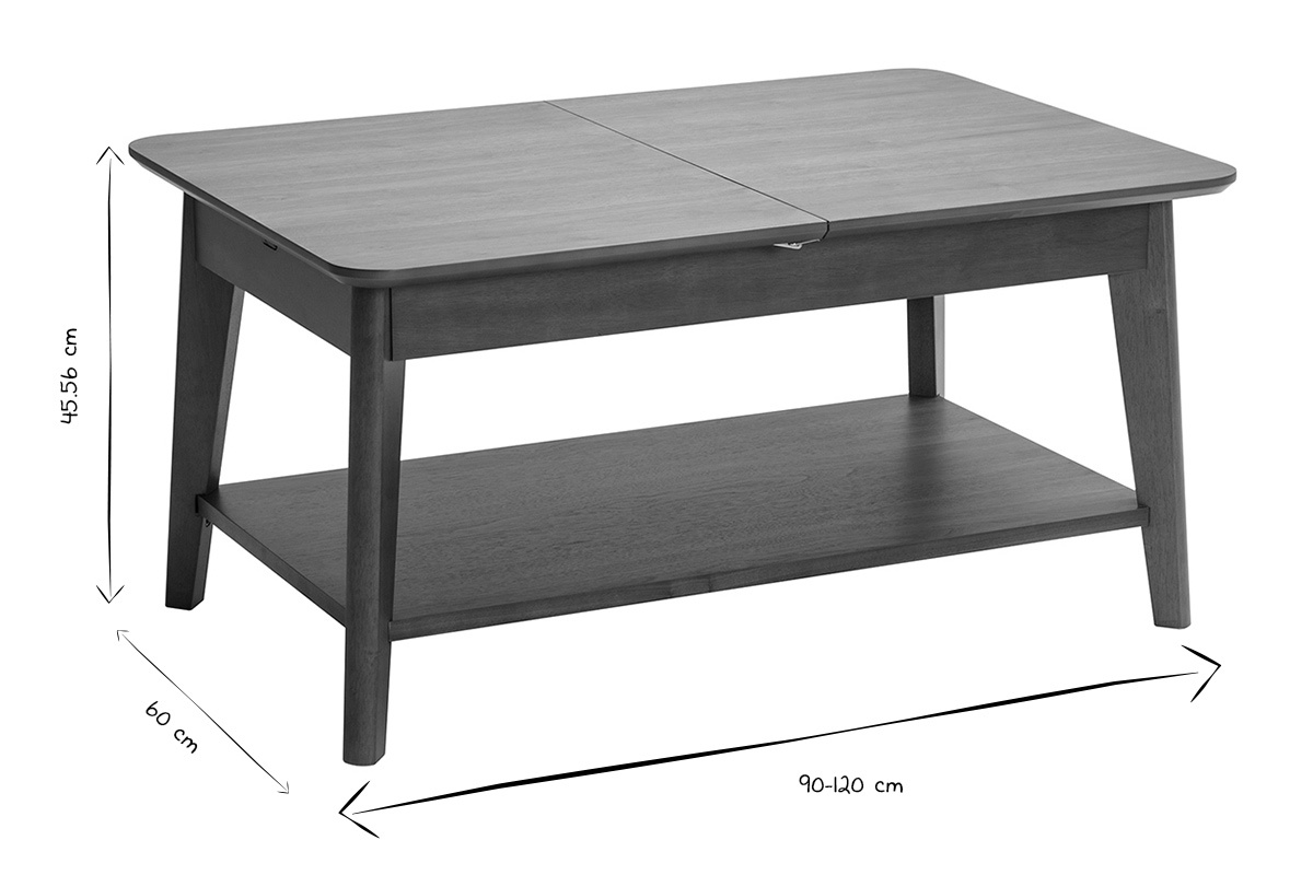 Tavolino basso rettangolare estensibile in legno scuro, dimensioni 90-120 cm, altezza 45.56 cm, larghezza 60 cm.
