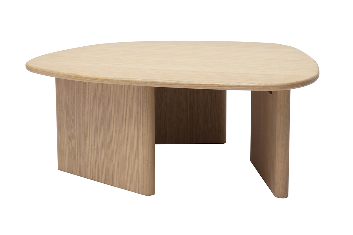 Tavolino organico in legno di rovere chiaro, vista frontale.