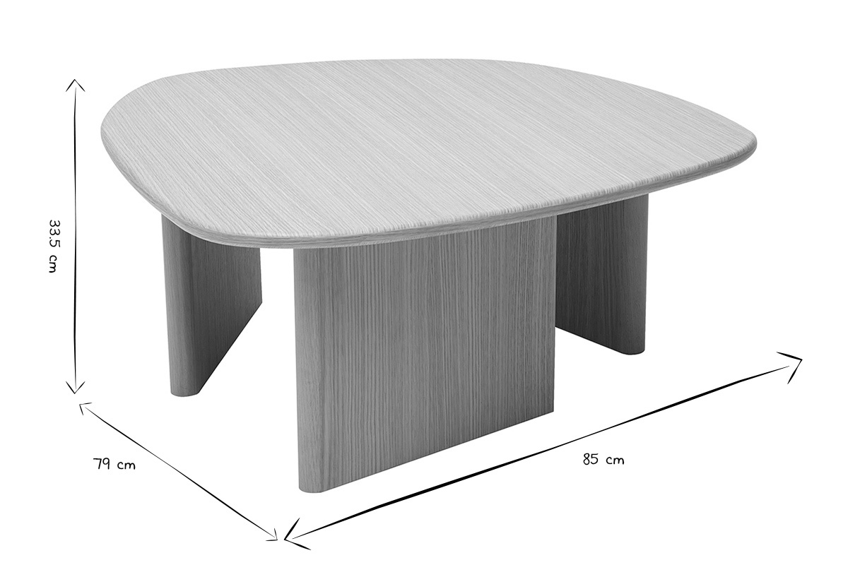 Tavolino organico in legno chiaro L85 cm con dimensioni in bianco e nero.