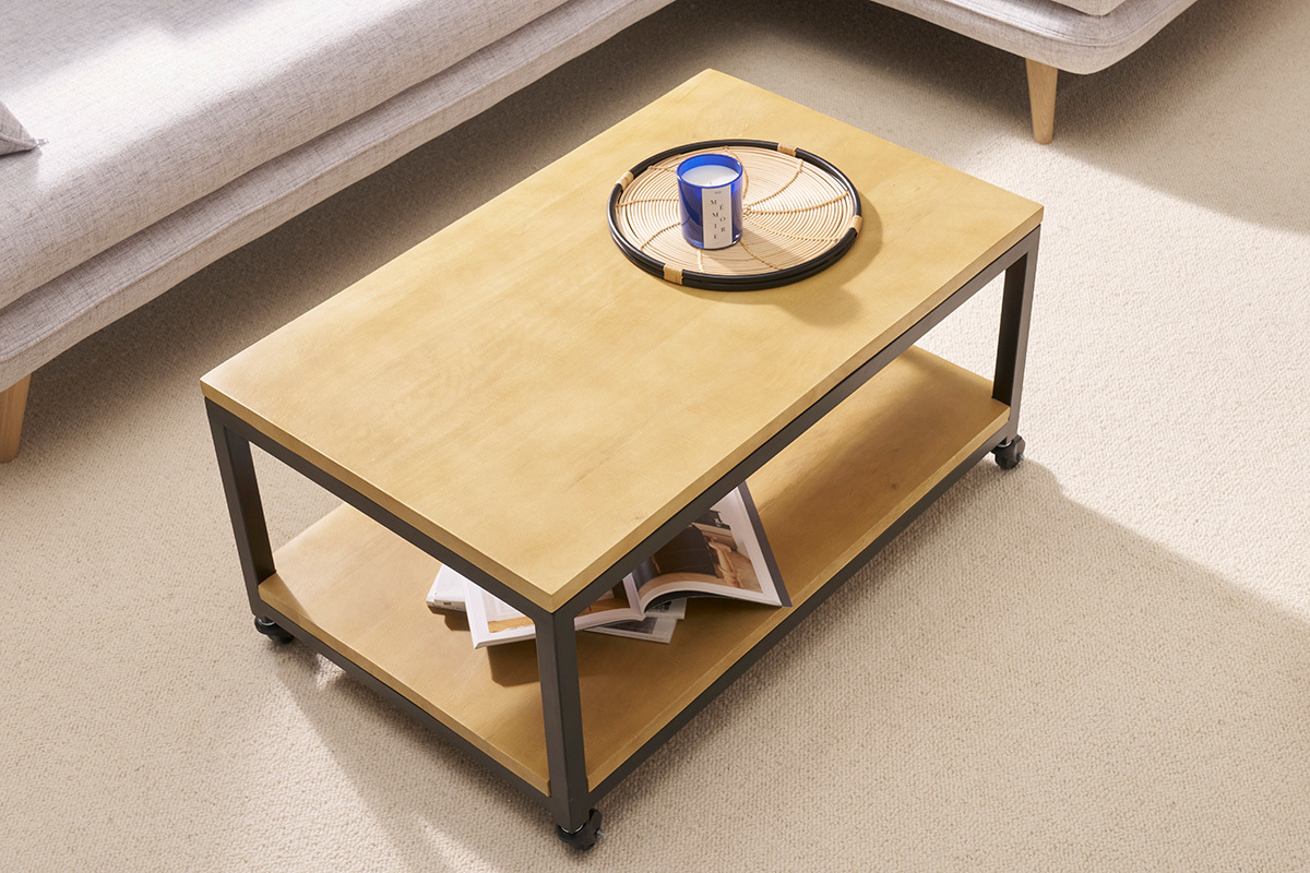 Tavolino basso industriale a rotelle legno e metallo FACTORY