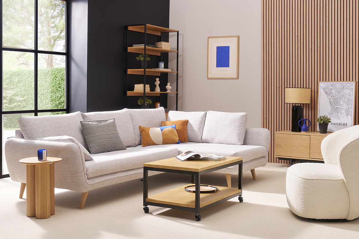 Tavolino basso industriale a rotelle legno e metallo FACTORY