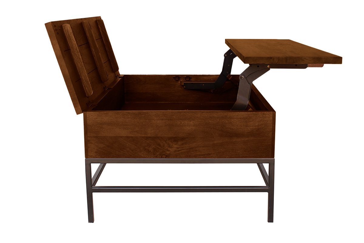 Tavolino basso industriale con alzata in legno massello di mango tinto e metallo nero L110 cm YPSTER