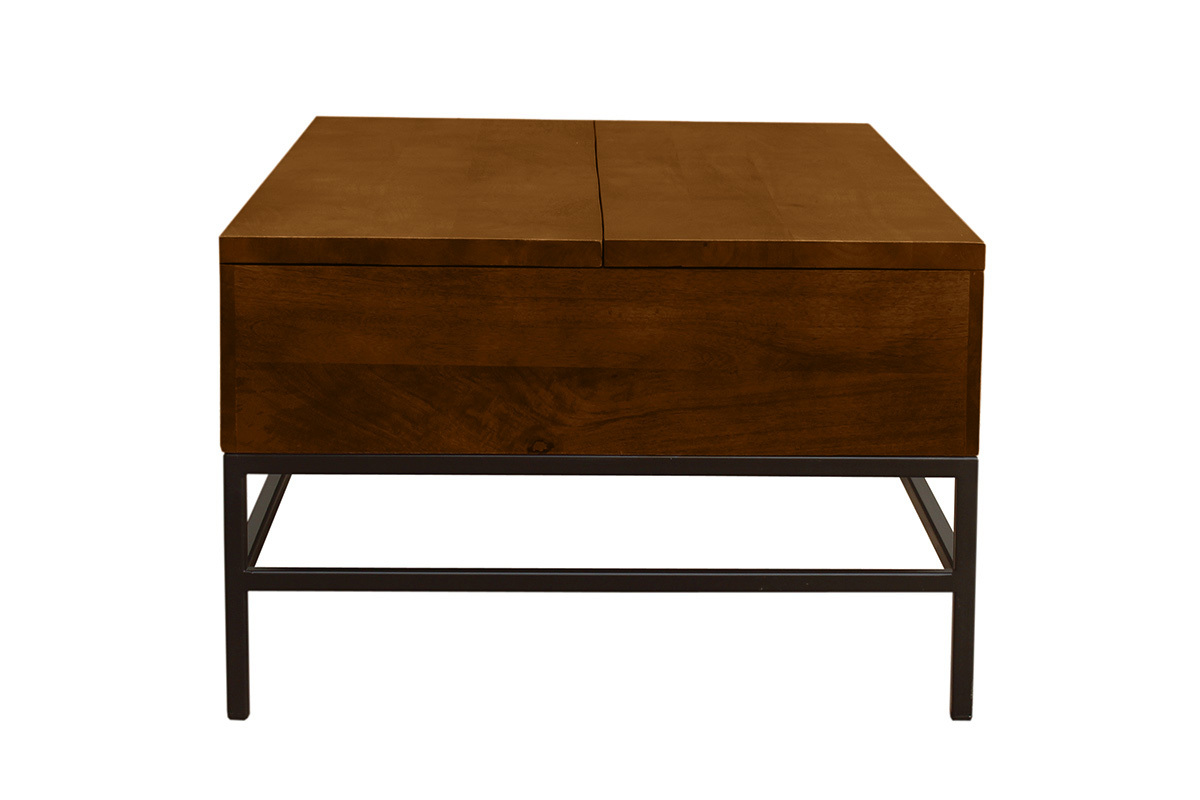 Tavolino basso industriale con alzata in legno massello di mango tinto e metallo nero L110 cm YPSTER