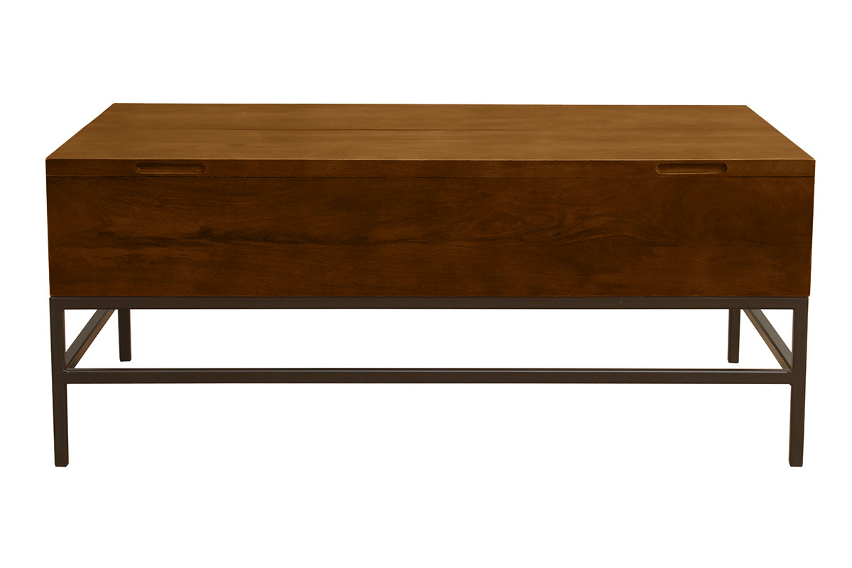 Tavolino basso industriale con alzata in legno massello di mango tinto e metallo nero L110 cm YPSTER