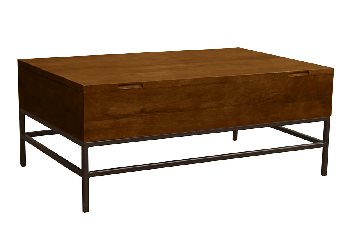 Tavolino basso industriale con alzata in legno massello di mango tinto e metallo nero L110 cm YPSTER