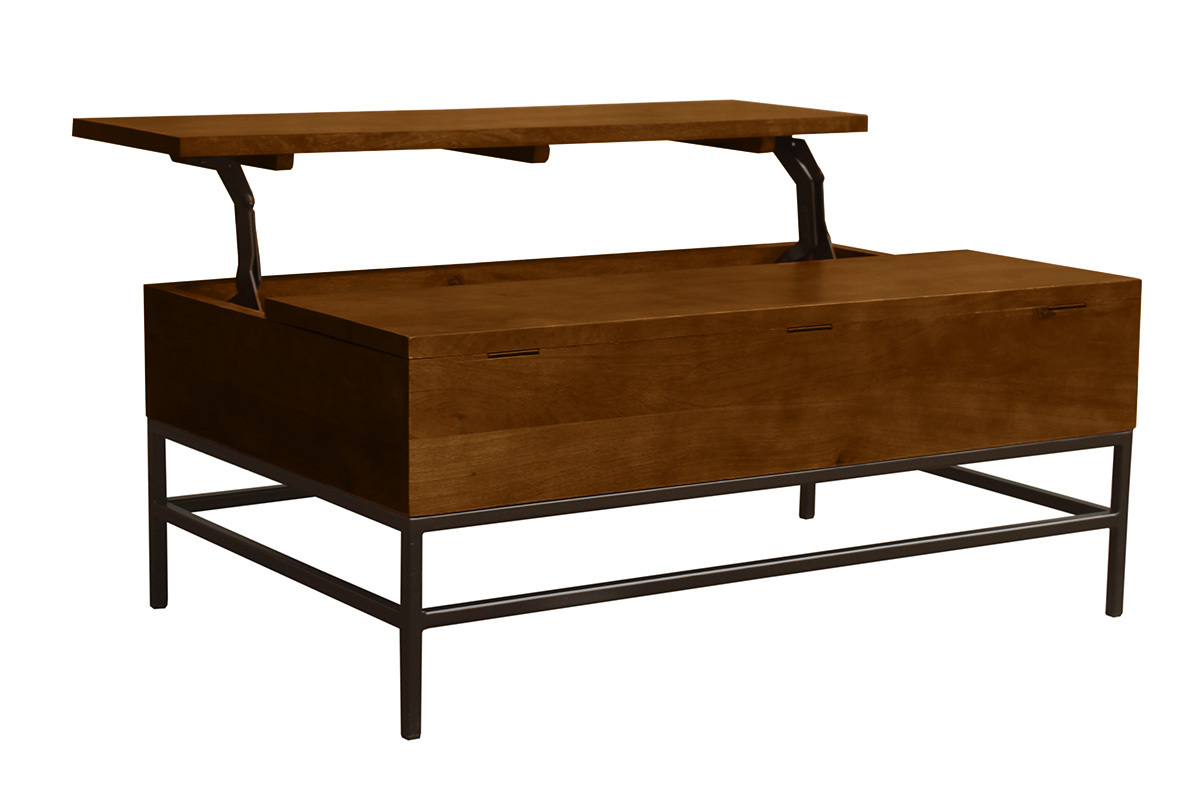 Tavolino basso industriale con alzata in legno massello di mango tinto e metallo nero L110 cm YPSTER