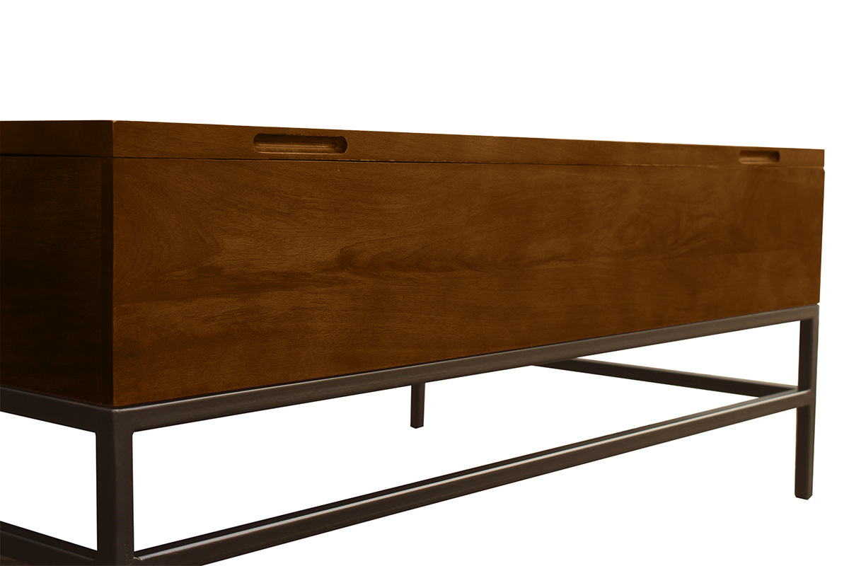 Tavolino basso industriale con alzata in legno massello di mango tinto e metallo nero L110 cm YPSTER