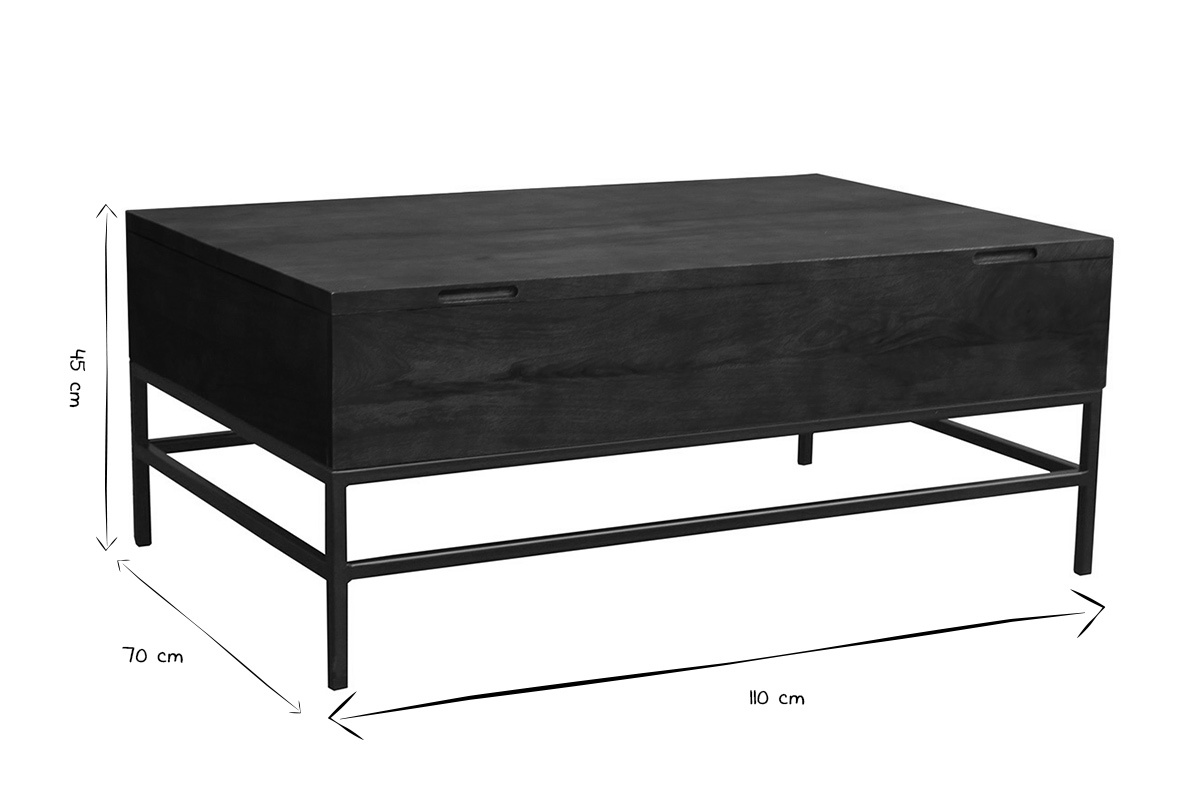 Tavolino basso industriale con alzata in legno massello di mango tinto e metallo nero L110 cm YPSTER