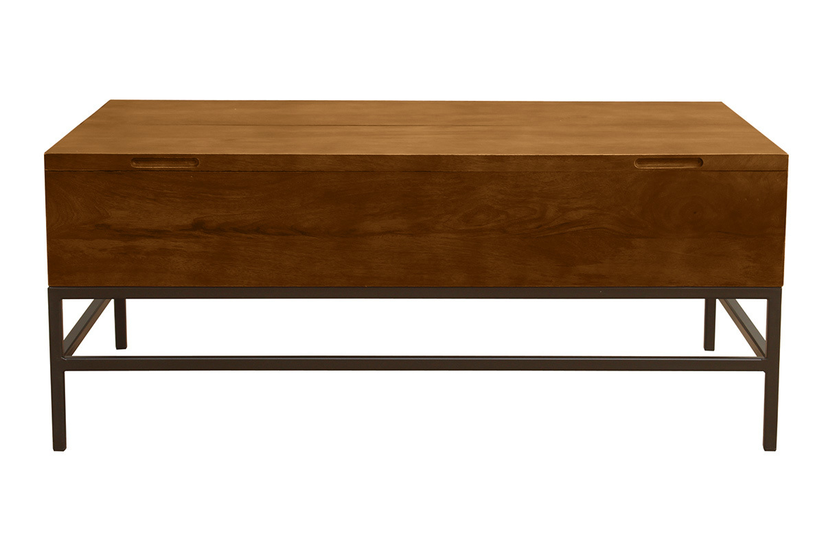 Tavolino basso industriale con alzata in legno massello di mango tinto e metallo nero L110 cm YPSTER