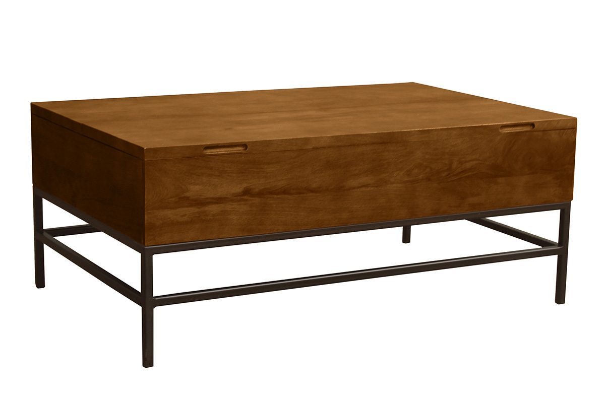 Tavolino basso industriale con alzata in legno massello di mango tinto e metallo nero L110 cm YPSTER