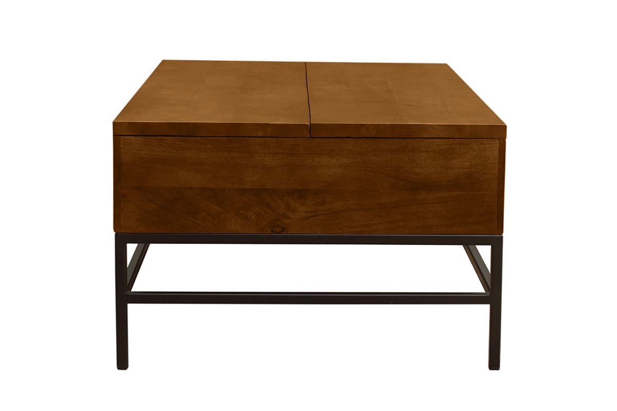 Tavolino basso industriale con alzata in legno massello di mango tinto e metallo nero L110 cm YPSTER
