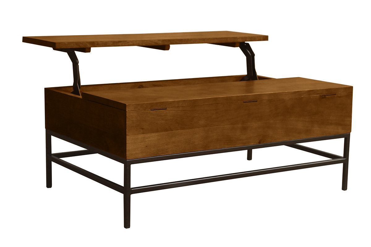 Tavolino basso industriale con alzata in legno massello di mango tinto e metallo nero L110 cm YPSTER