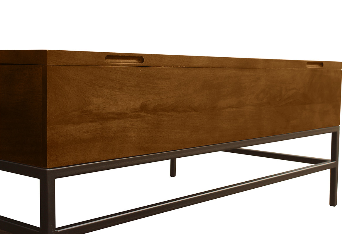 Tavolino basso industriale con alzata in legno massello di mango tinto e metallo nero L110 cm YPSTER