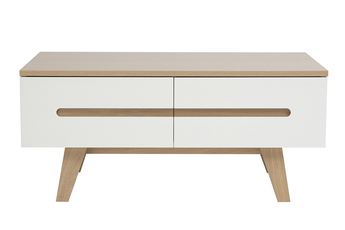 Tavolino da caff� MELKA bianco laccato con finitura in legno chiaro, 4 cassetti, vista frontale.