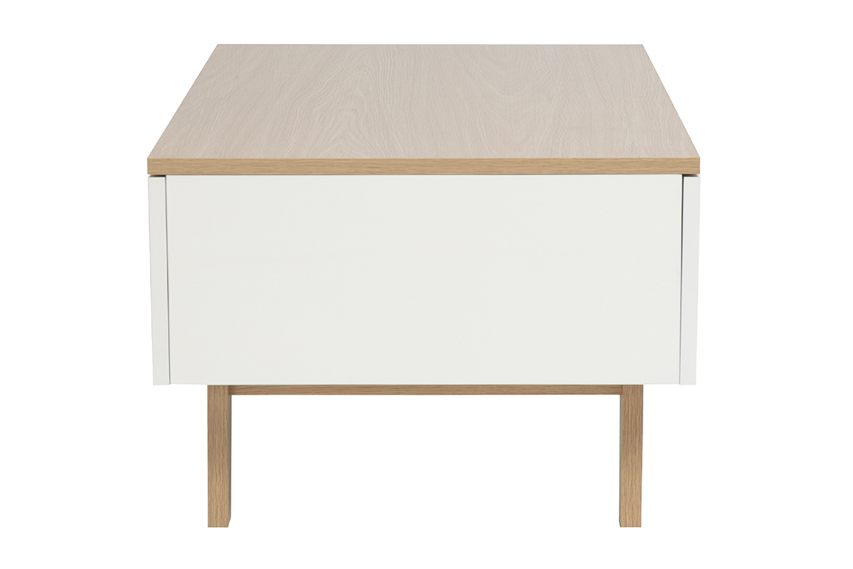 Tavolino basso laccato bianco lucido con piano in legno chiaro e quattro cassetti, vista di profilo.
