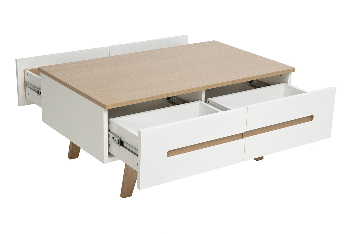 Tavolino basso rettangolare bianco laccato lucido con finitura in legno chiaro e 4 cassetti, vista a 3/4.