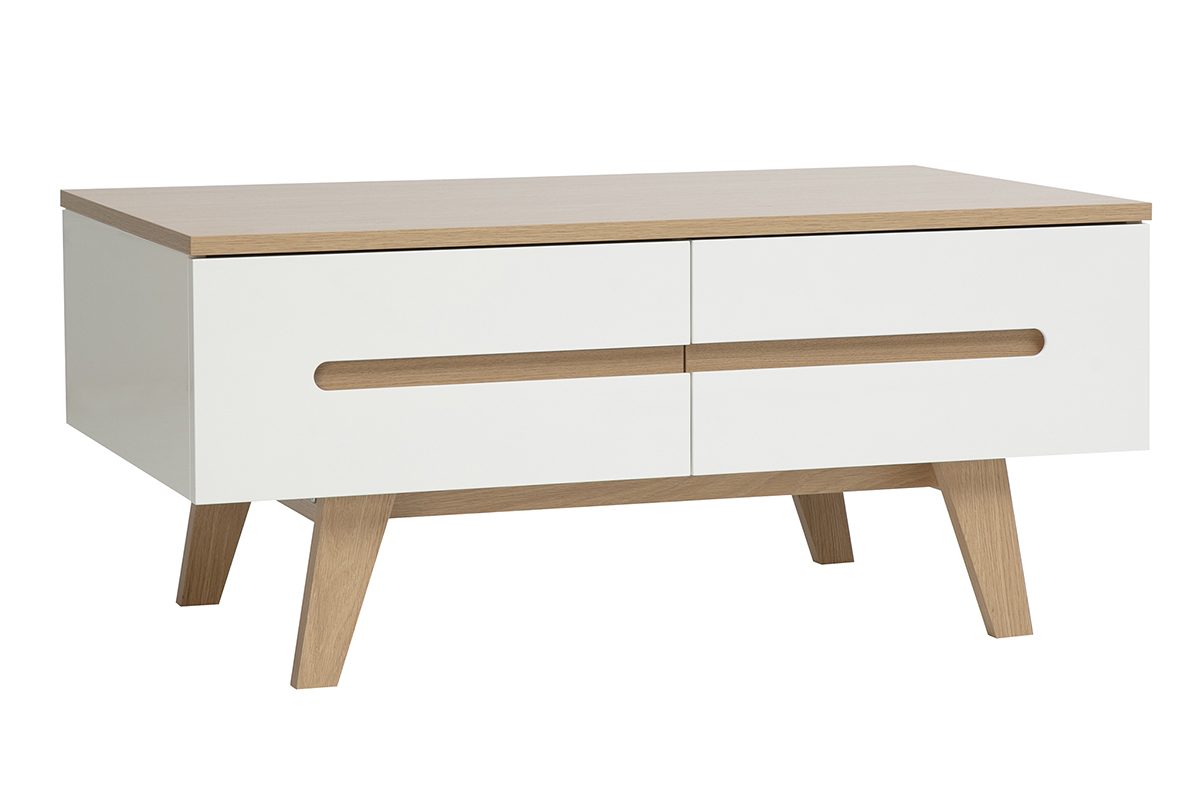 Tavolino bianco laccato con finitura in legno chiaro, quattro cassetti, vista a 3/4.