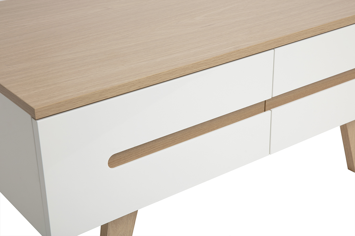Tavolino da caff� bianco laccato con piano in legno chiaro e quattro cassetti, vista dettagliata