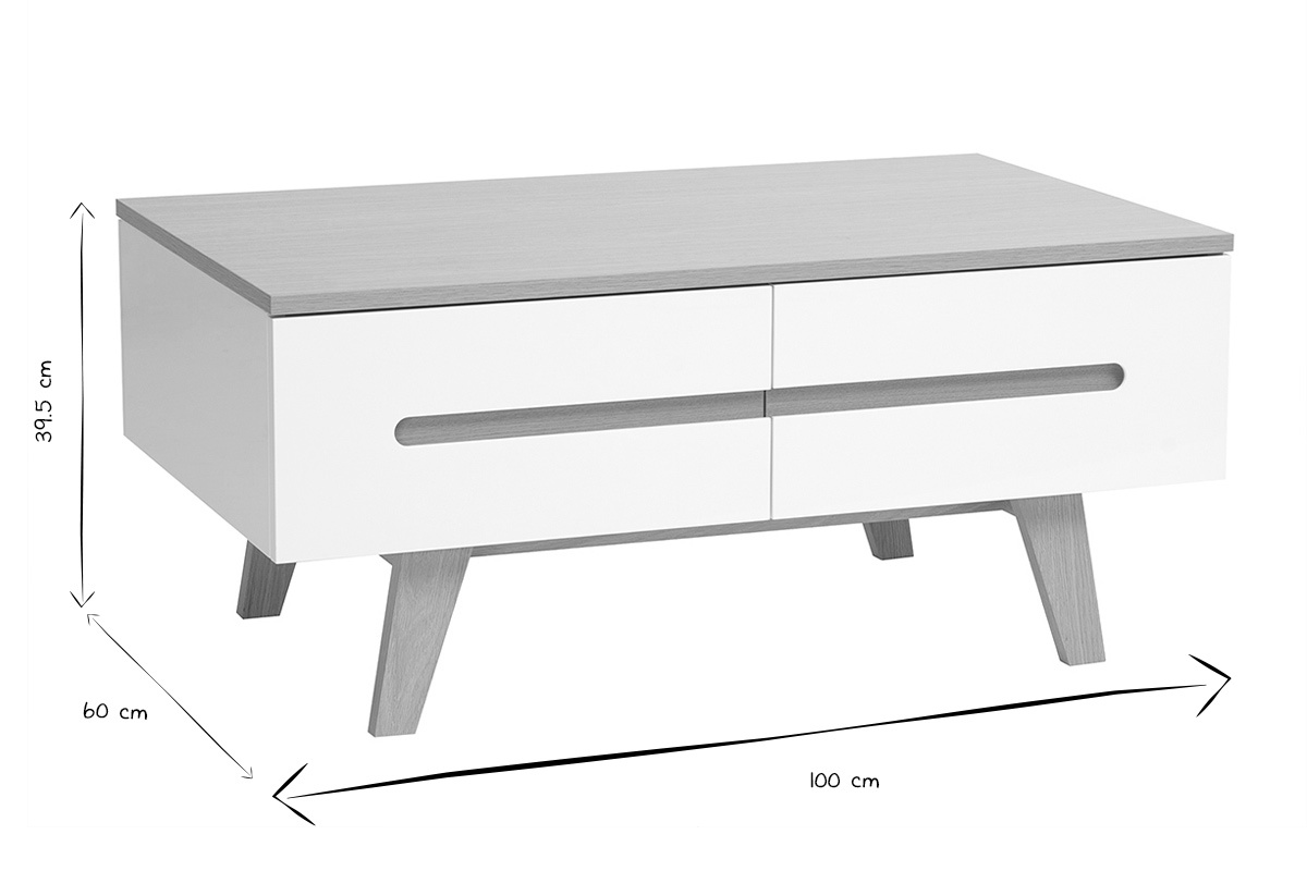 Tavolino basso MELKA visto frontalmente con dimensioni in bianco e nero: L100 x P60 x H39,5 cm.