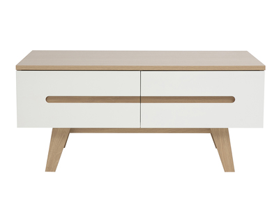 Tavolino basso laccato bianco brillante con finitura in legno chiaro 4 cassetti L100 cm MELKA