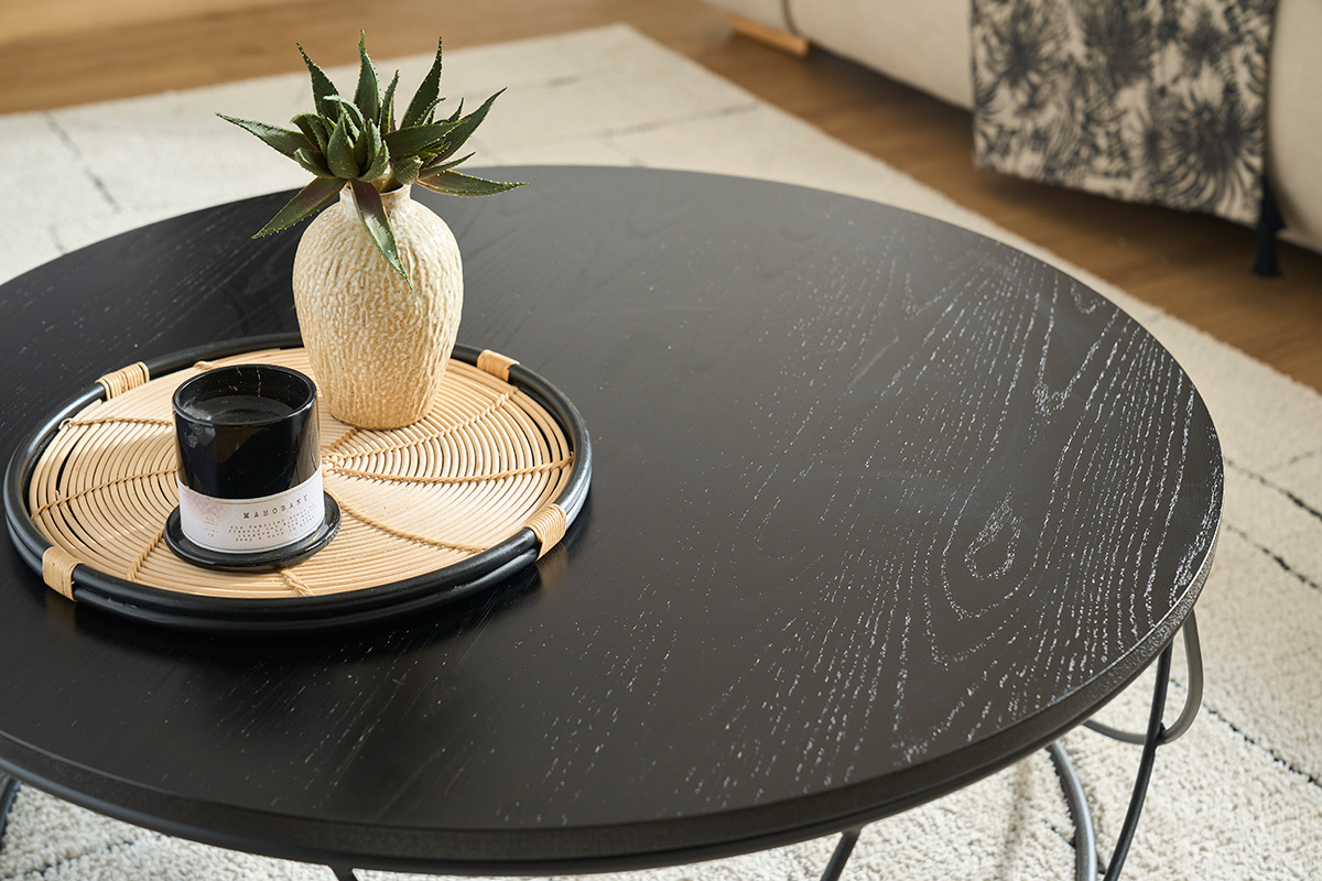 Tavolino basso legno e metallo nero rotondo 80 cm LACE
