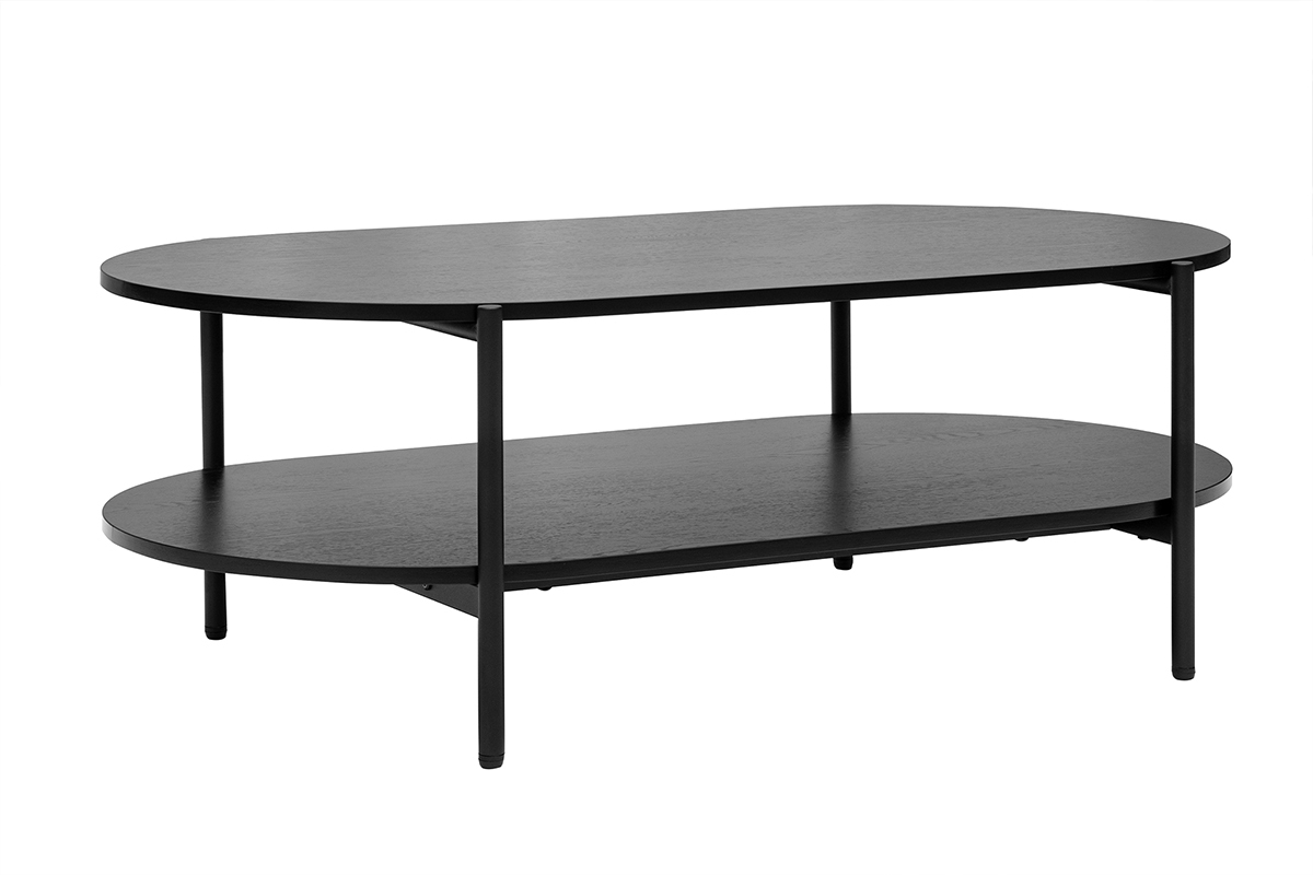 Tavolino ovale nero in legno e metallo con doppio ripiano, vista da 3/4.