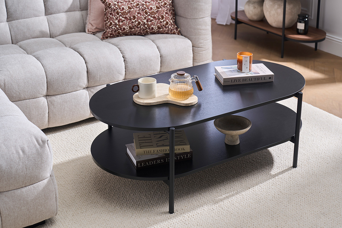 Tavolino basso ovale finitura legno nero e metallo L115 cm BRUNA