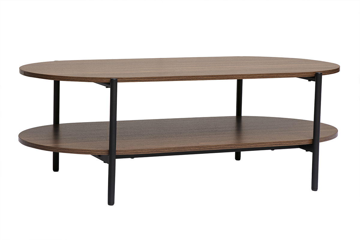 Tavolino basso ovale in legno scuro e metallo nero con due ripiani, vista da 3/4.