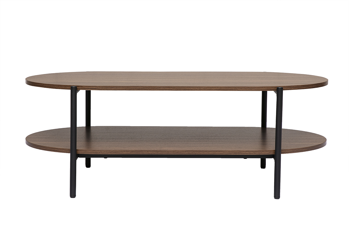 Tavolino basso ovale in noce scuro con struttura in metallo nero, vista frontale.