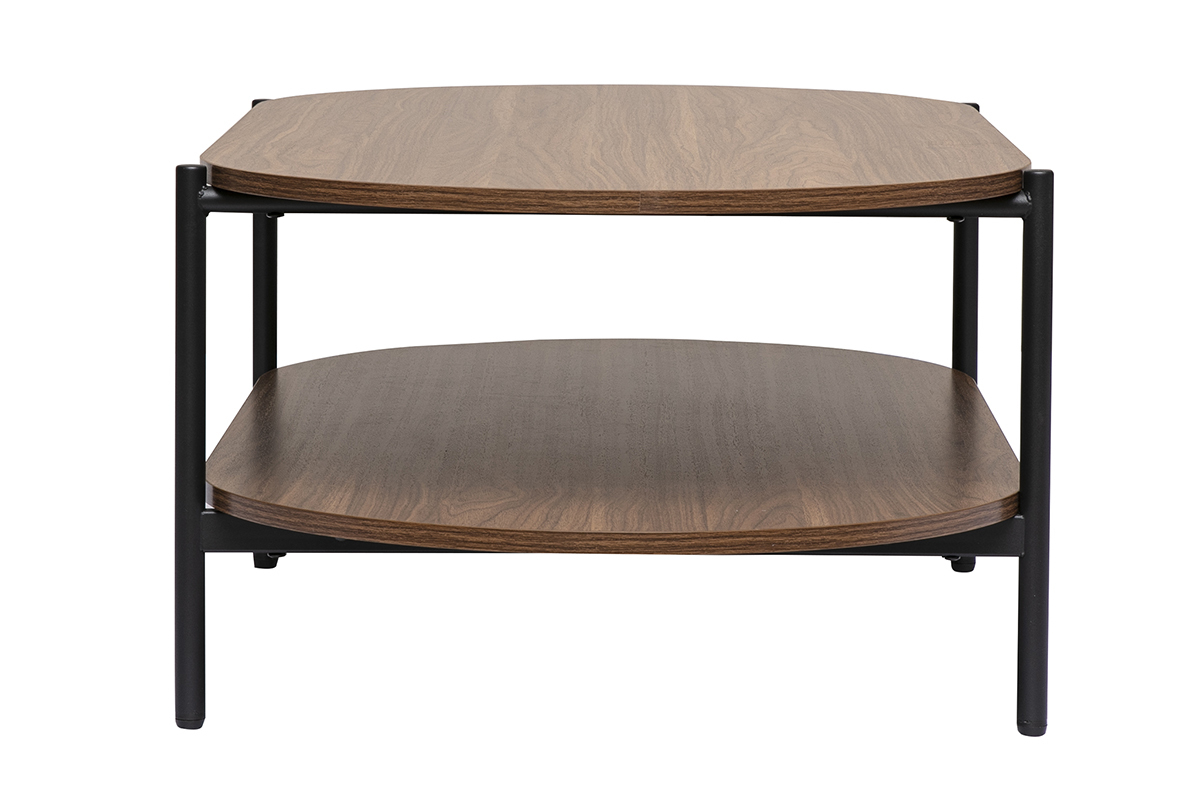 Tavolino ovale in legno scuro e metallo nero, vista laterale, due ripiani.